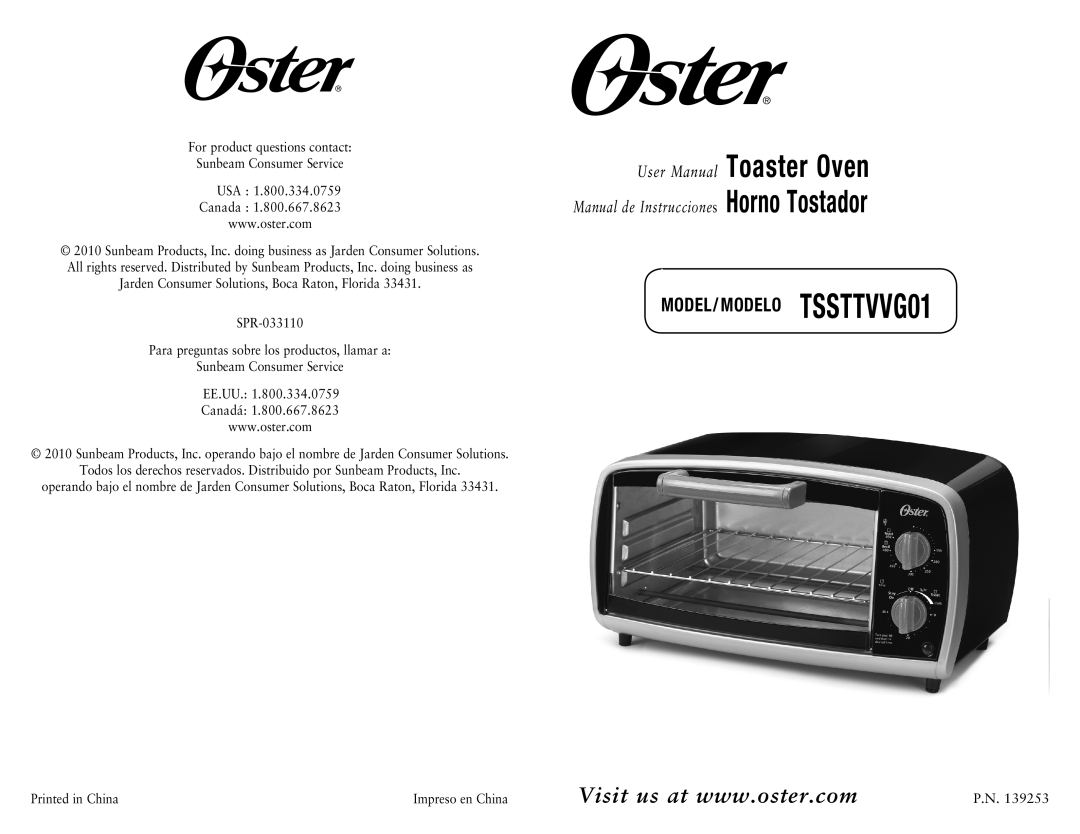 Oster SPR-033110, 139253 user manual Manual de Instrucciones Horno Tostador, MODEL/ MODELO TSSTTVVG01 