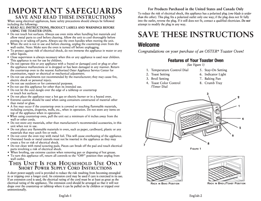 Oster 139253, TSSTTVVG01 Important Safeguards, Save These Instructions, Welcome, Features of Your Toaster Oven, See Figure 