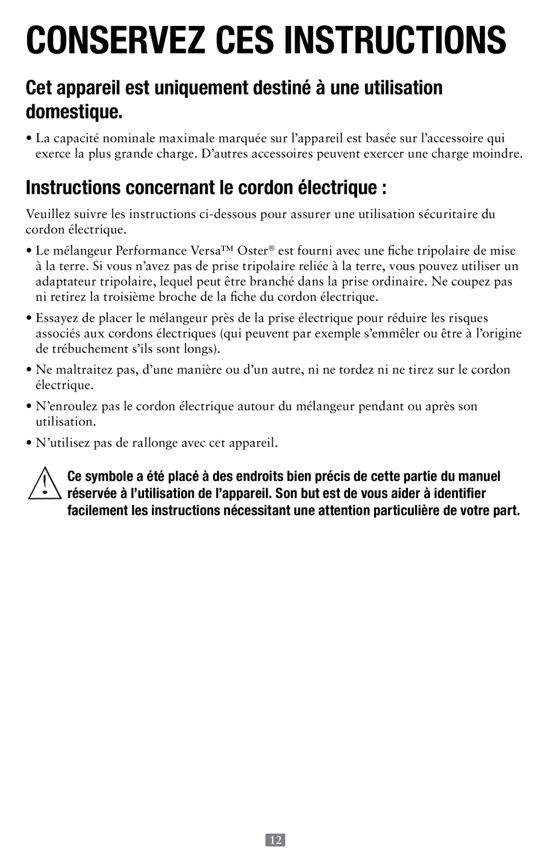 Oster 155876, Versa Performance Blender user manual Conservez CES Instructions, Instructions concernant le cordon électrique 