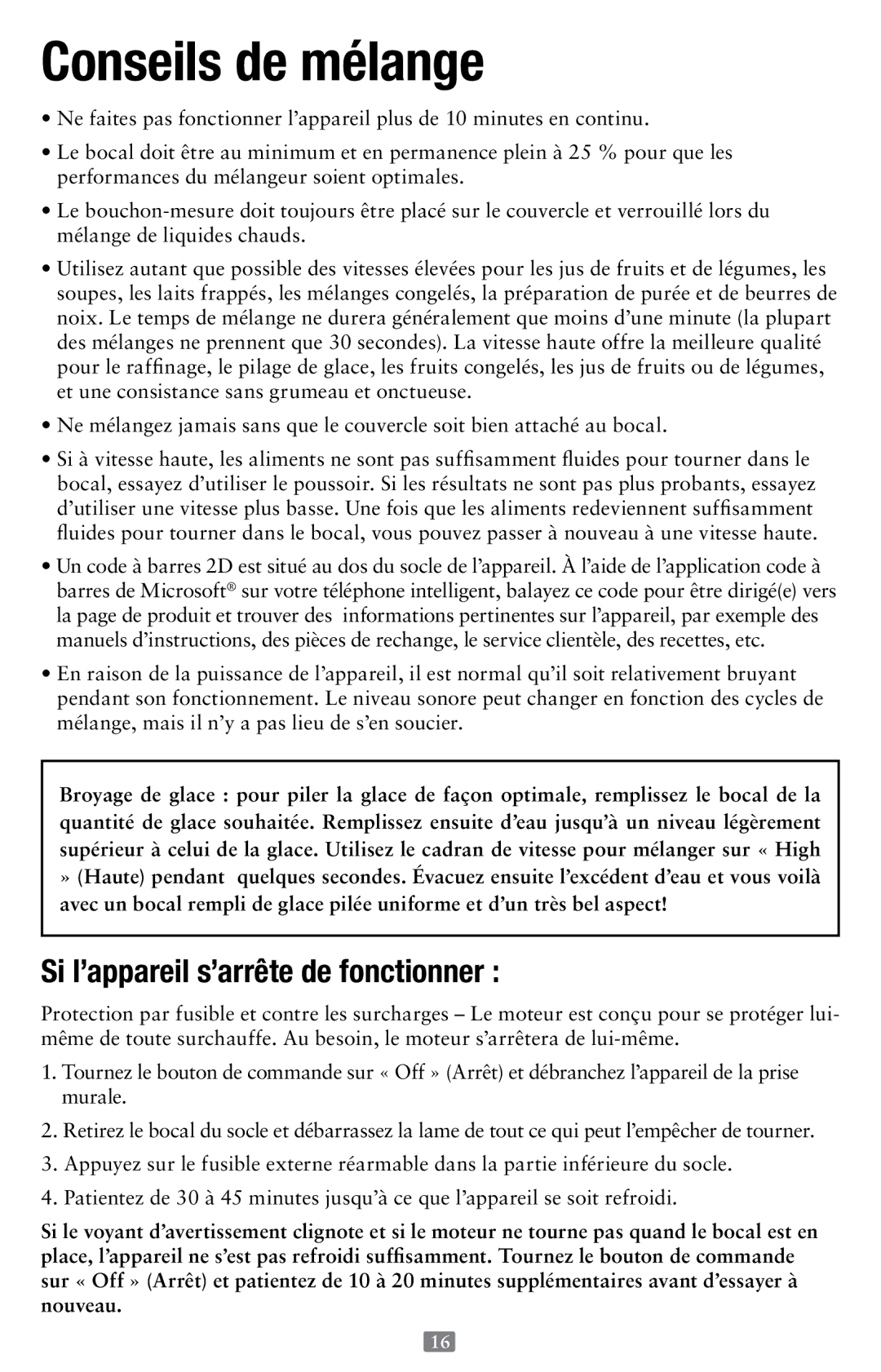 Oster 155876, Versa Performance Blender user manual Conseils de mélange, Si l’appareil s’arrête de fonctionner 