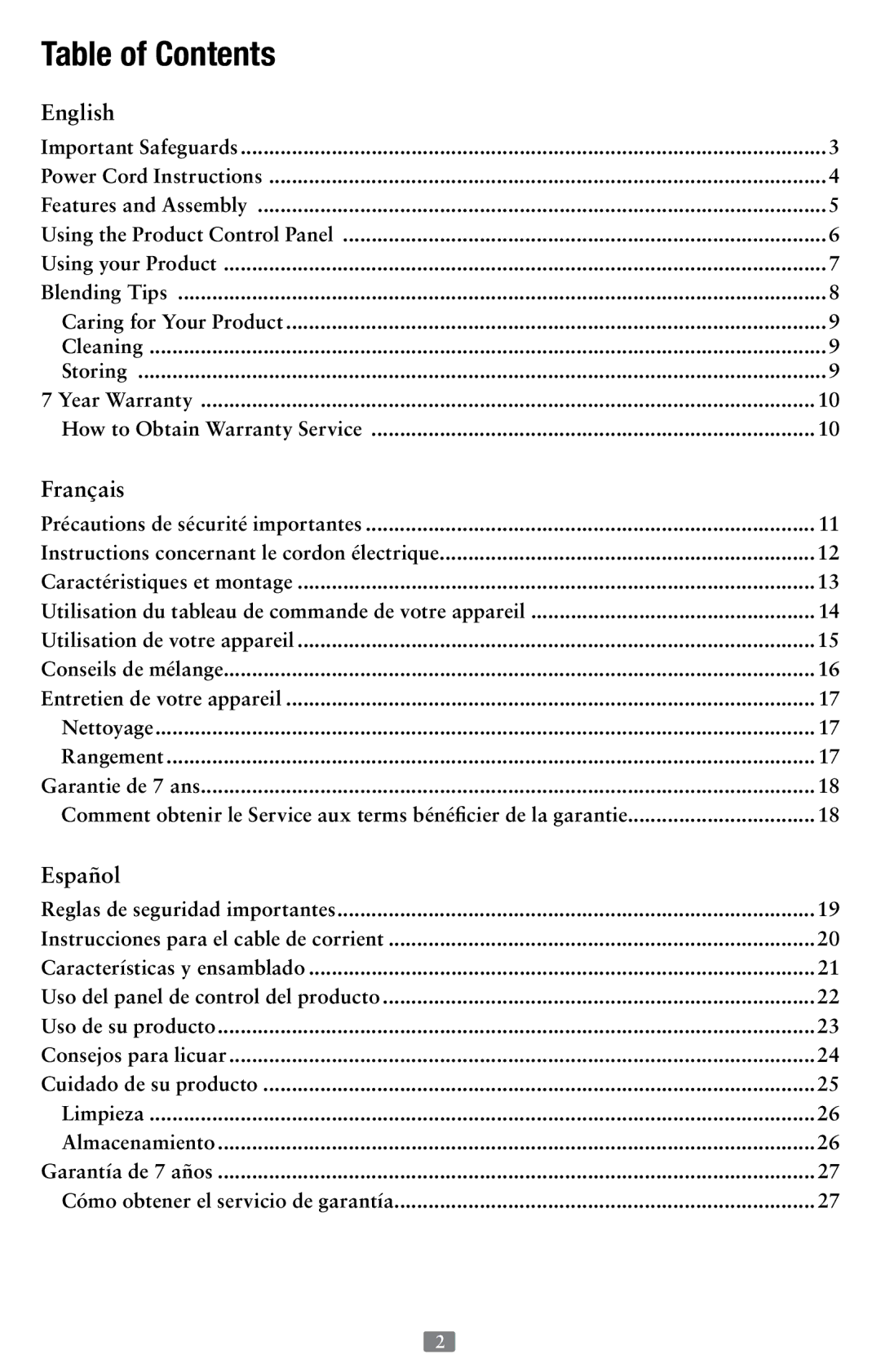 Oster 155876, Versa Performance Blender user manual Table of Contents 