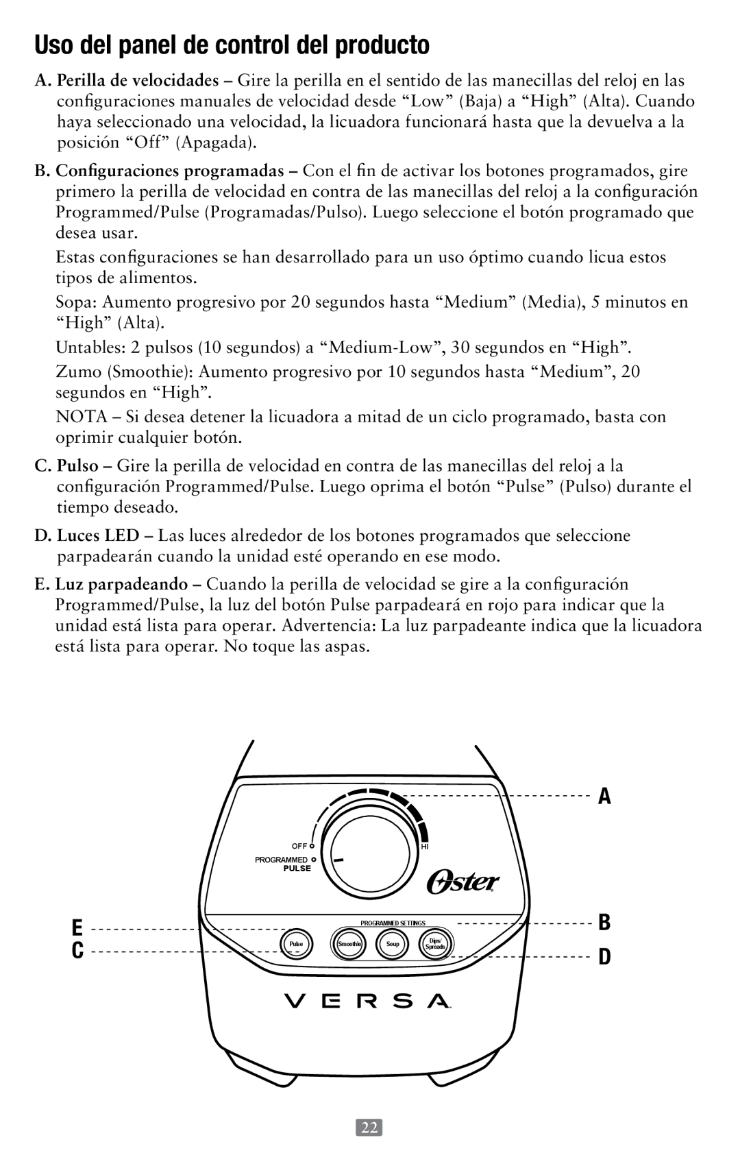 Oster 155876, Versa Performance Blender user manual Uso del panel de control del producto 