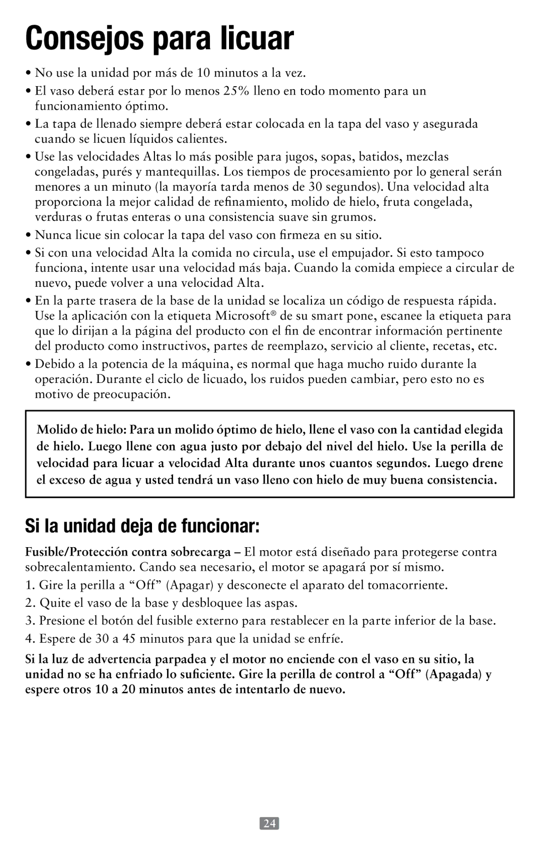 Oster 155876, Versa Performance Blender user manual Consejos para licuar, Si la unidad deja de funcionar 