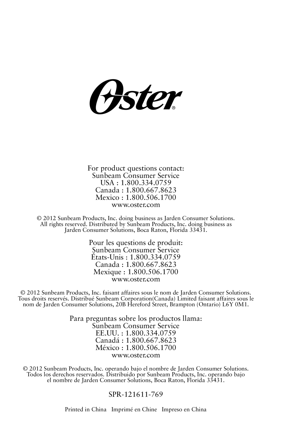 Oster 155876, Versa Performance Blender user manual SPR-121611-769 