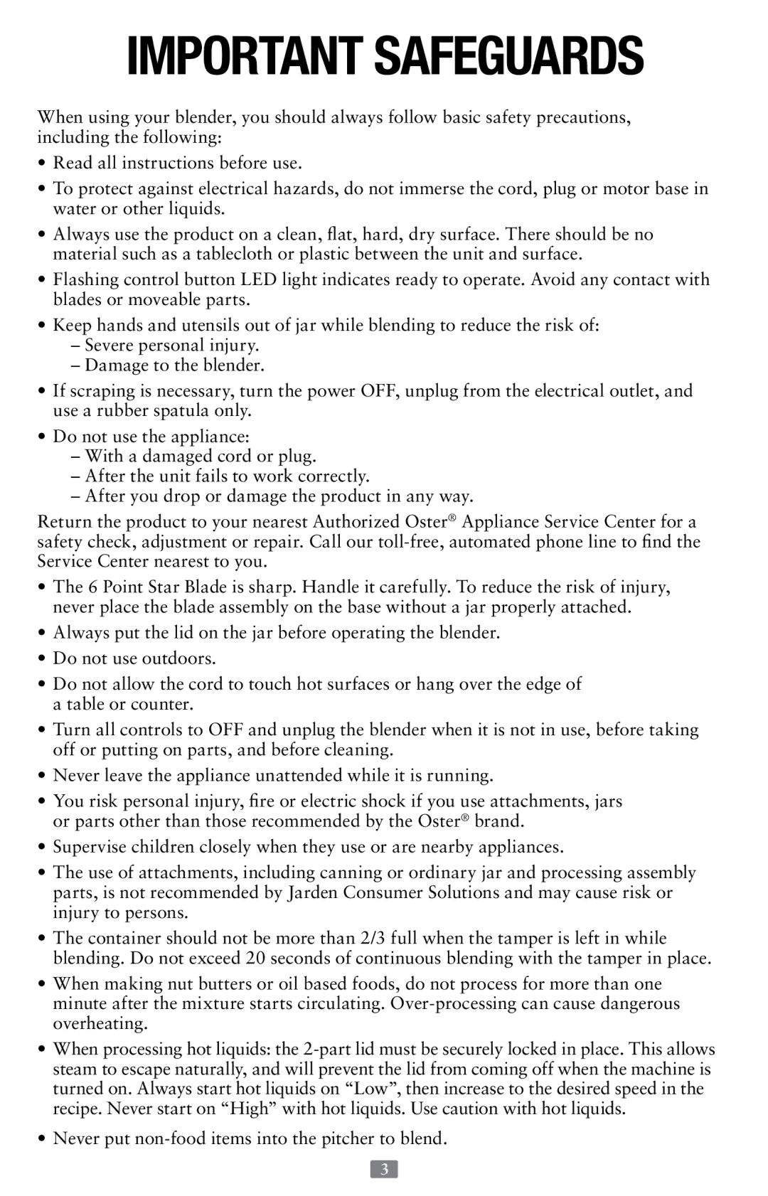 Oster Versa Performance Blender, 155876 user manual Important Safeguards 