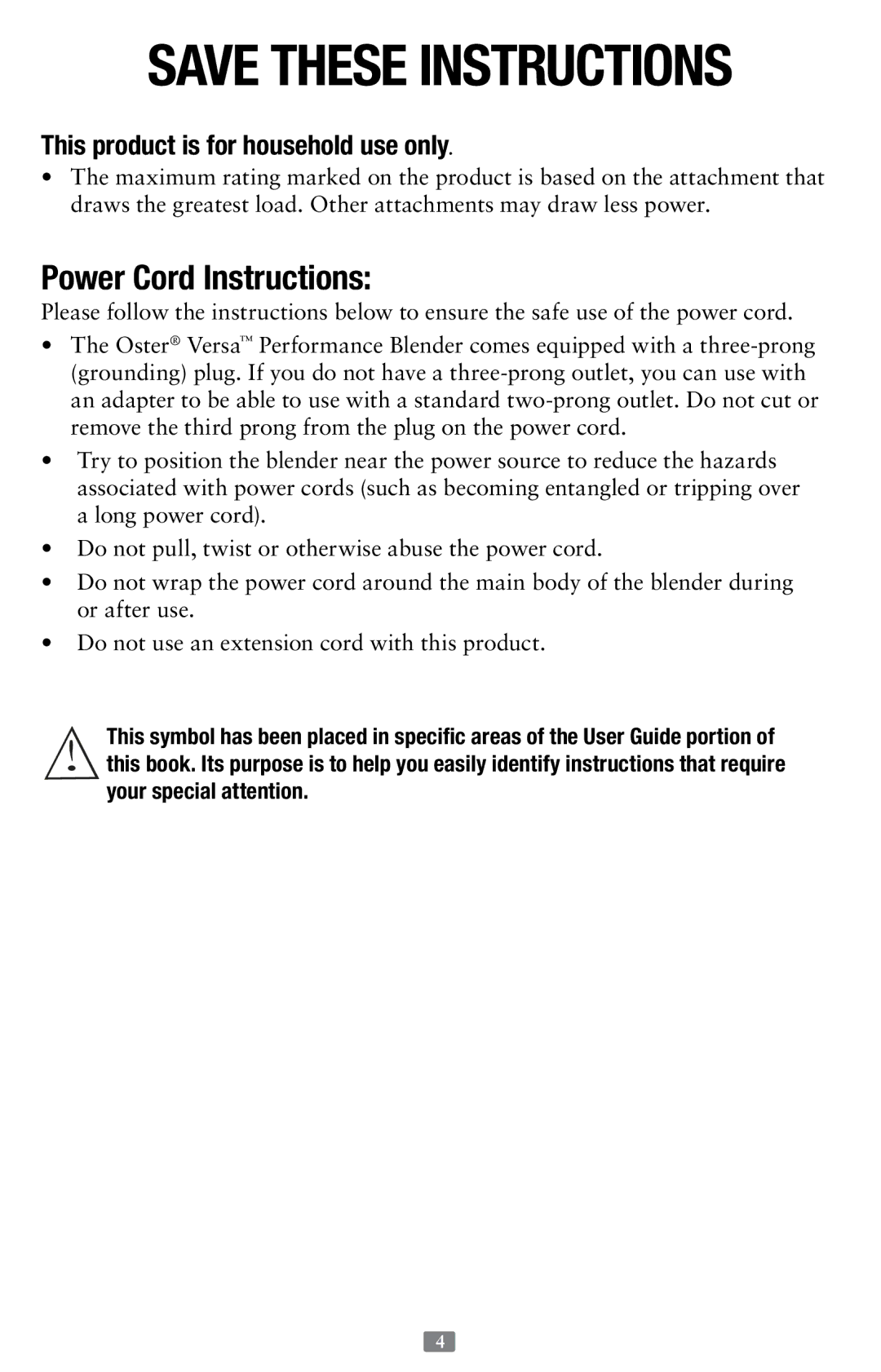 Oster 155876, Versa Performance Blender user manual Power Cord Instructions, This product is for household use only 