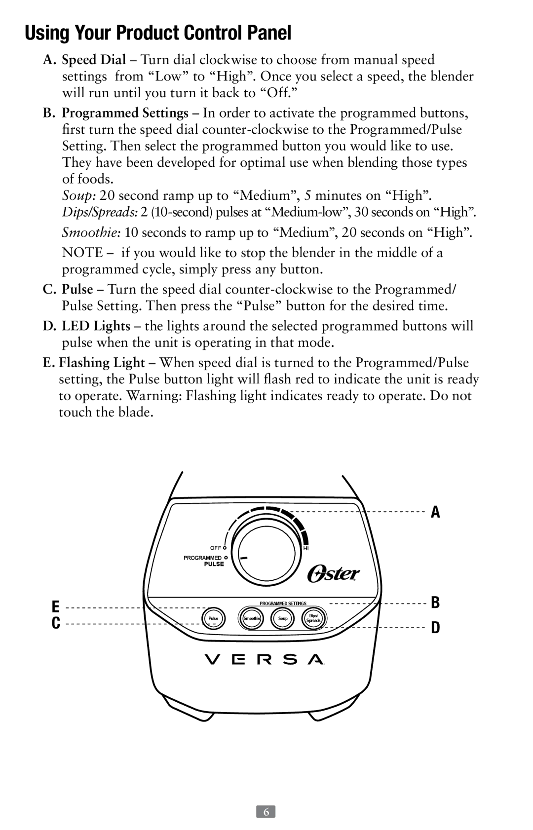 Oster 155876, Versa Performance Blender user manual Using Your Product Control Panel 