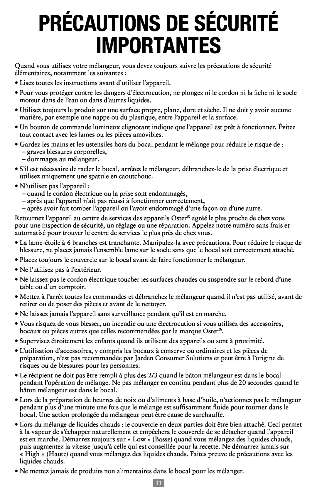 Oster Versa Performance Blender, 155876 user manual Importantes, Précautions De Sécurité 
