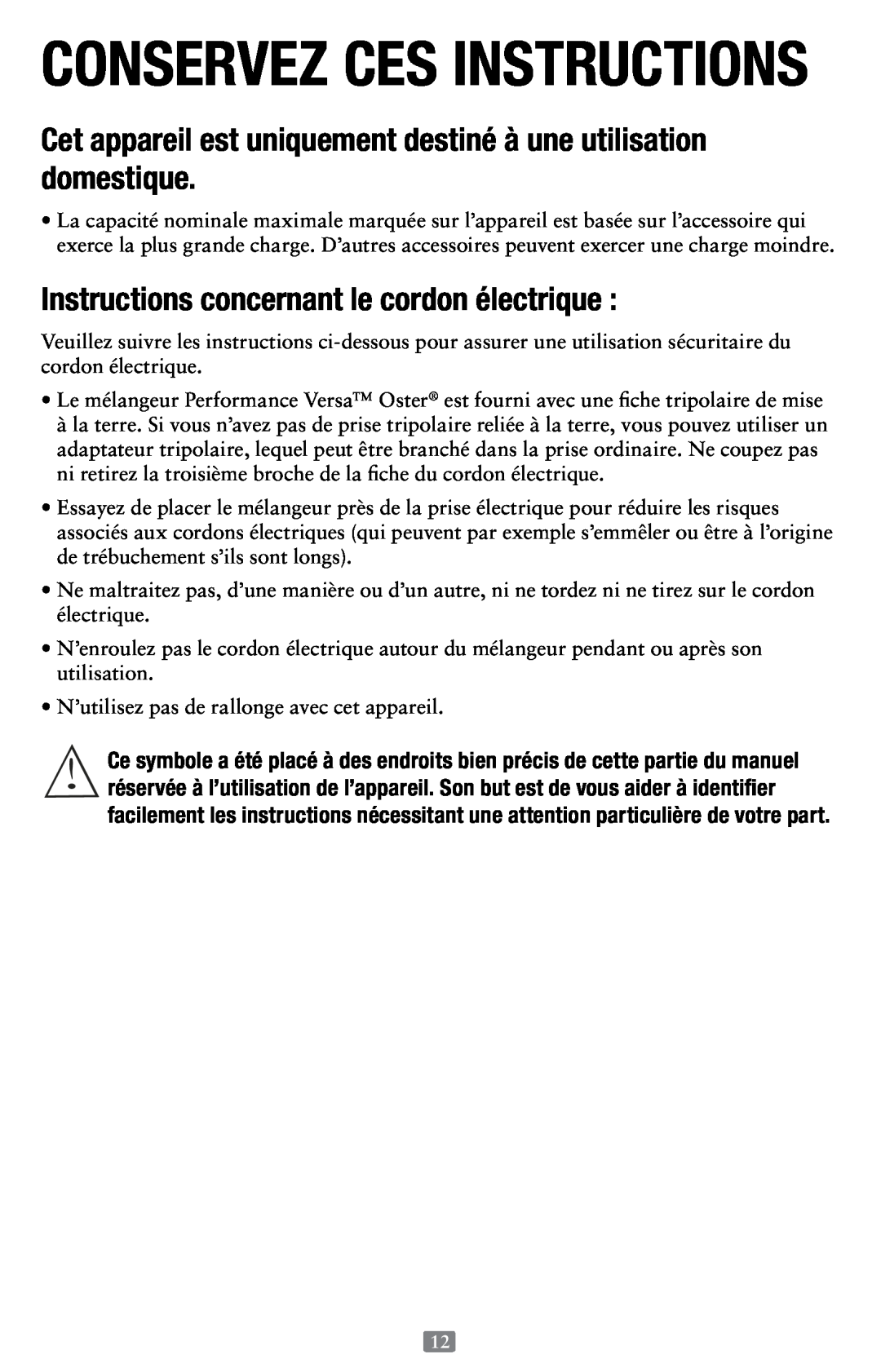 Oster 155876, Versa Performance Blender user manual Conservez Ces Instructions, Instructions concernant le cordon électrique 