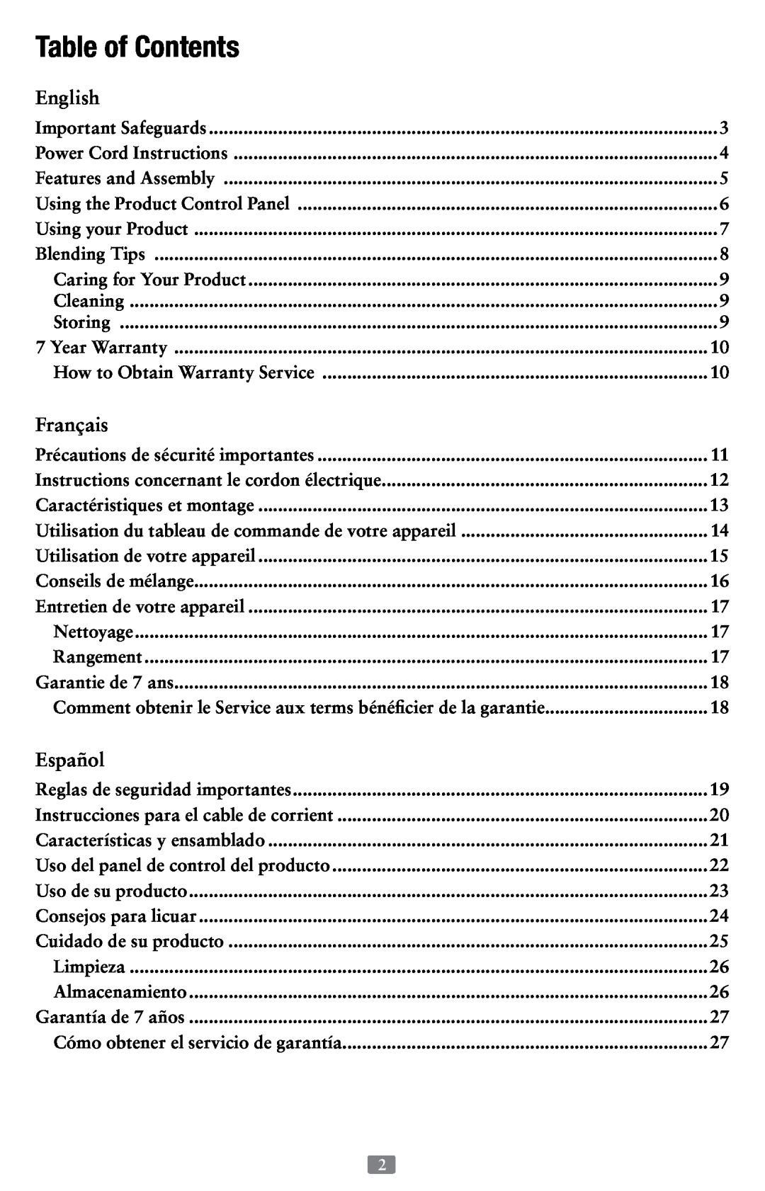 Oster 155876, Versa Performance Blender user manual English, Français, Español, Table of Contents 