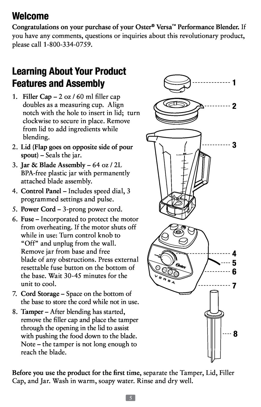 Oster Versa Performance Blender, 155876 user manual Welcome, Learning About Your Product Features and Assembly 
