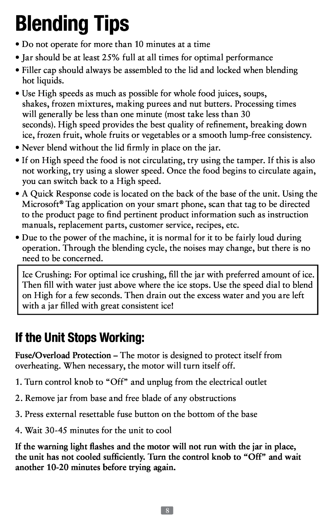 Oster 155876, Versa Performance Blender user manual If the Unit Stops Working, Blending Tips 