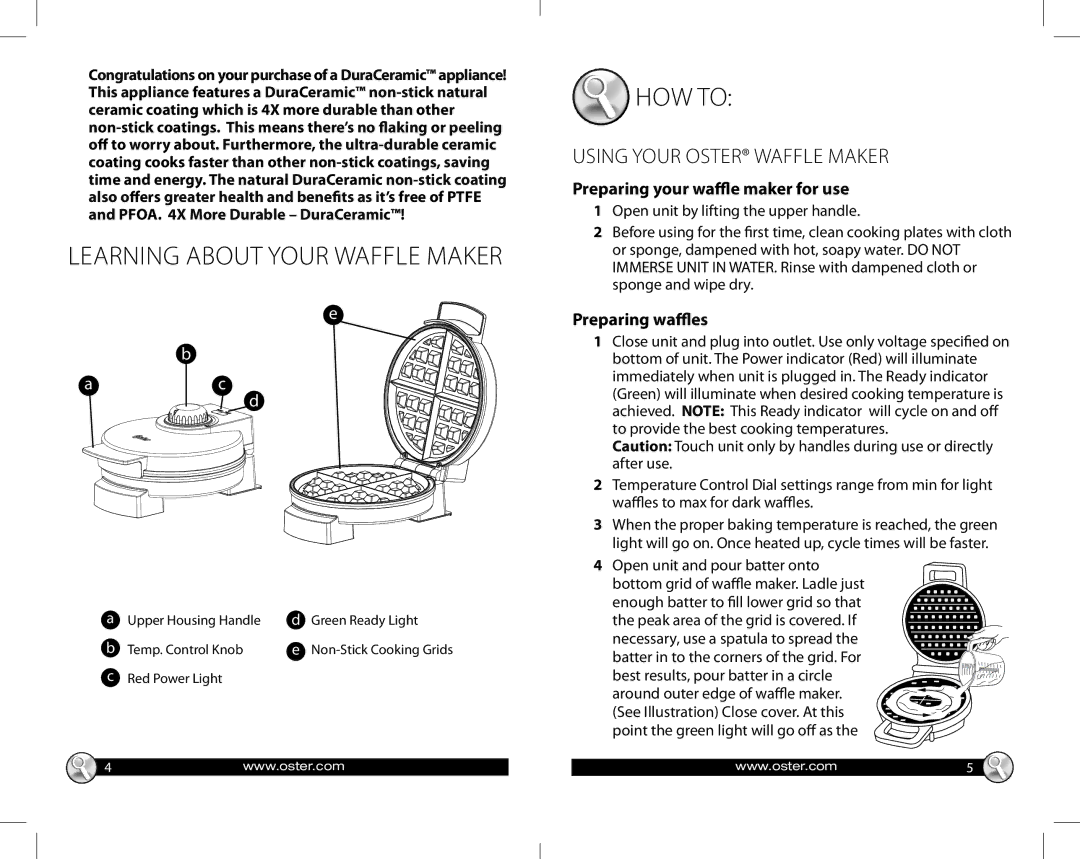 Oster GCDS-OST29808-SZ HOW to, Using Your Oster Waffle Maker, Preparing your waffle maker for use, Preparing waffles 