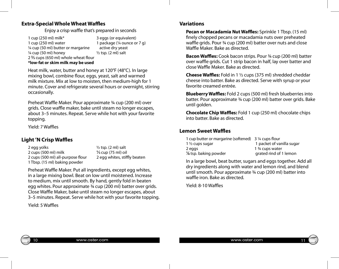 Oster CkSTWF-1502-ECP_13EM1 Extra-Special Whole Wheat Waffles, Light ’N Crisp Waffles, Variations, Lemon Sweet Waffles 