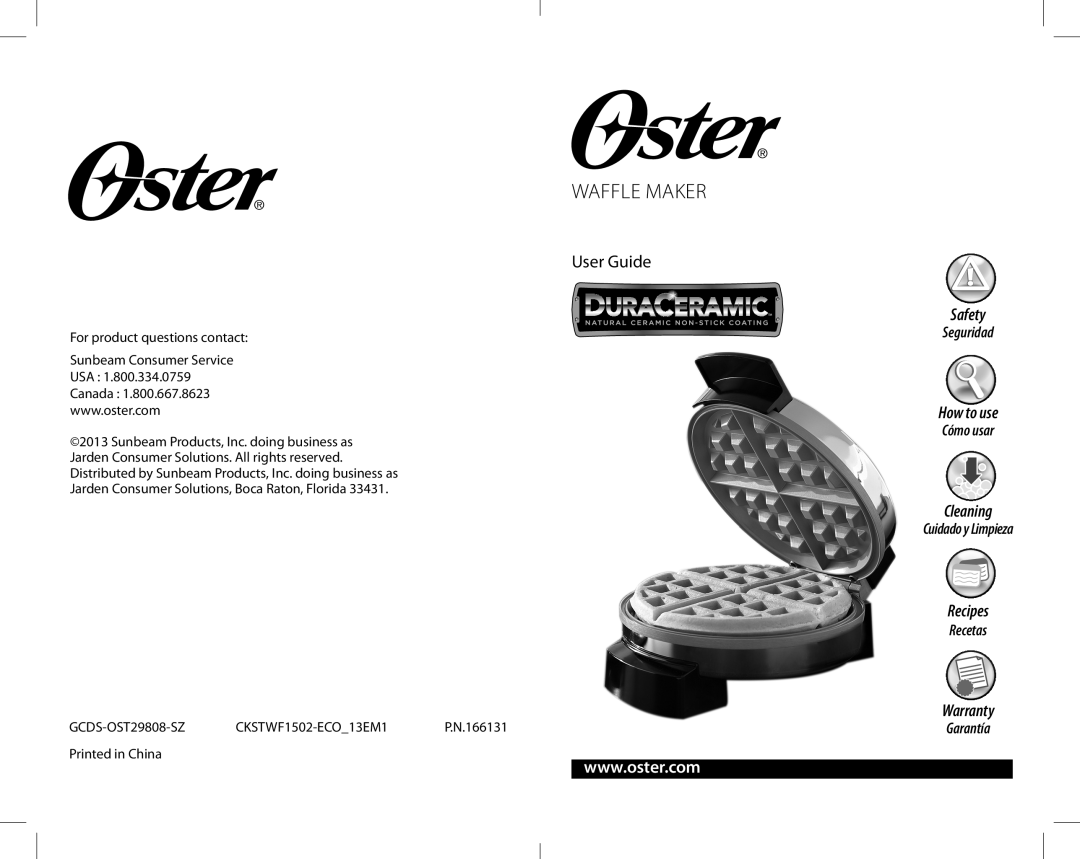 Oster P.N.166131 warranty Waffle Maker, User Guide, Safety, How to use, Cleaning, Recipes, Warranty, Seguridad, Cómo usar 