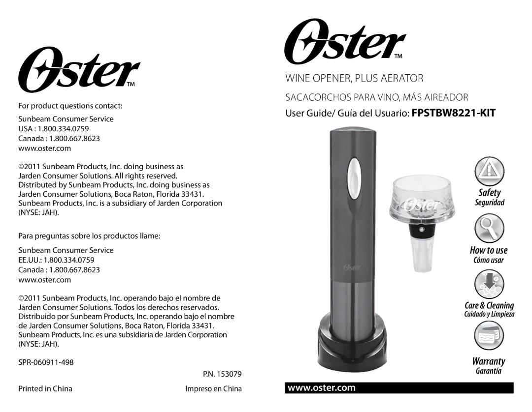 Oster wine opener, plus aerator, FPSTBW8221-KIT warranty Wine OPENER, Plus Aerator 