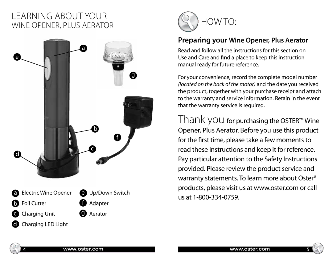 Oster wine opener, plus aerator, FPSTBW8221-KIT warranty Learning about your, HOW To 