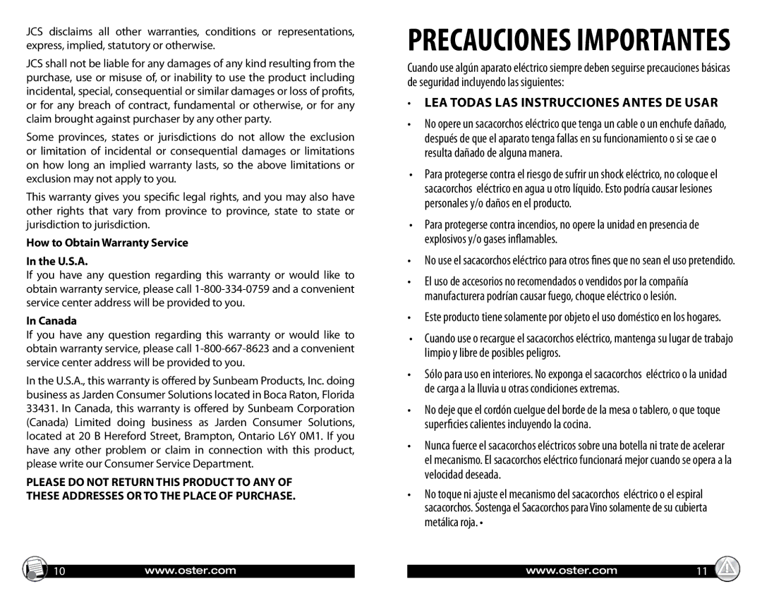 Oster FPSTBW8221-KIT warranty Lea todas las instrucciones antes de usar, How to Obtain Warranty Service U.S.A, Canada 