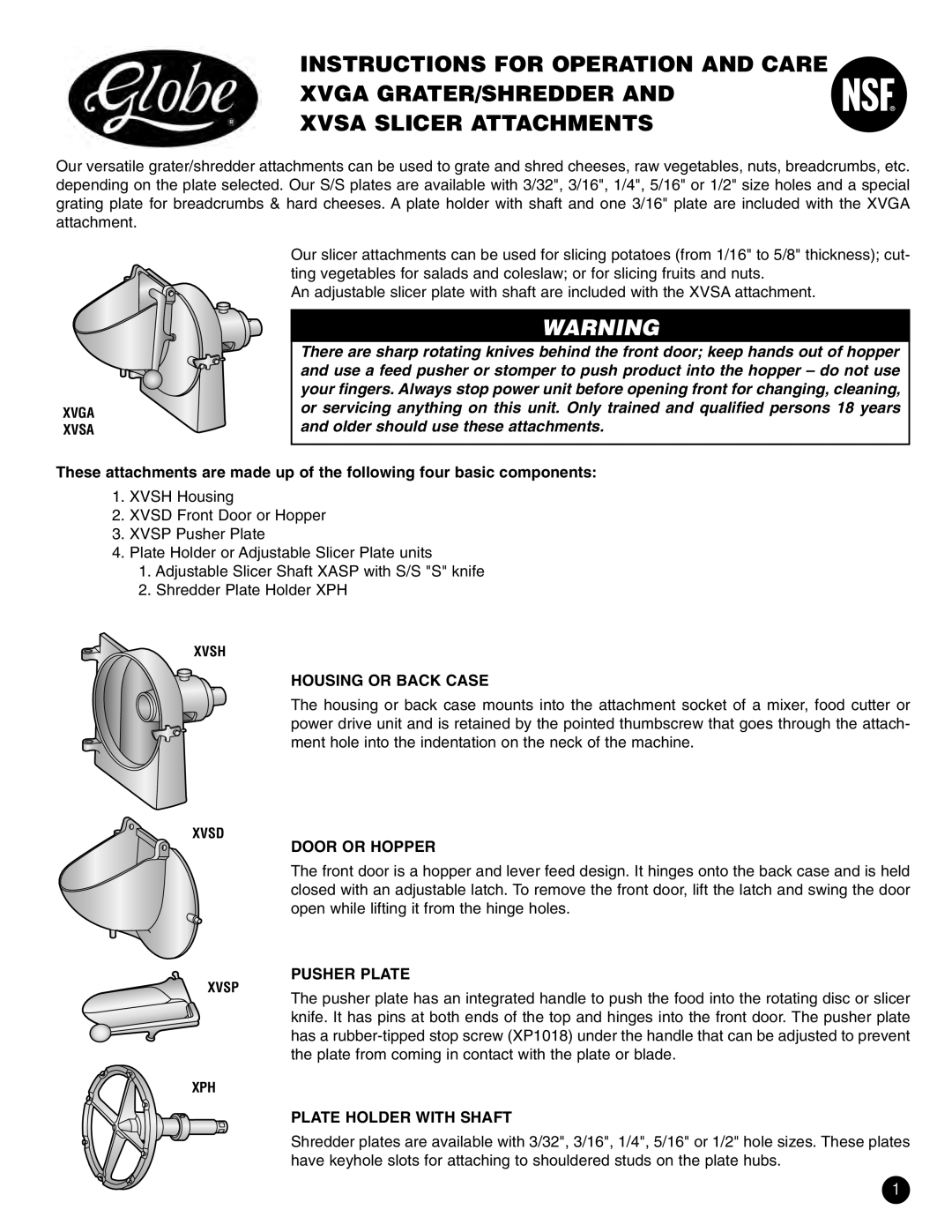 Oster XVGA, XVSA manual Housing or Back Case, Door or Hopper, Pusher Plate, Plate Holder with Shaft 