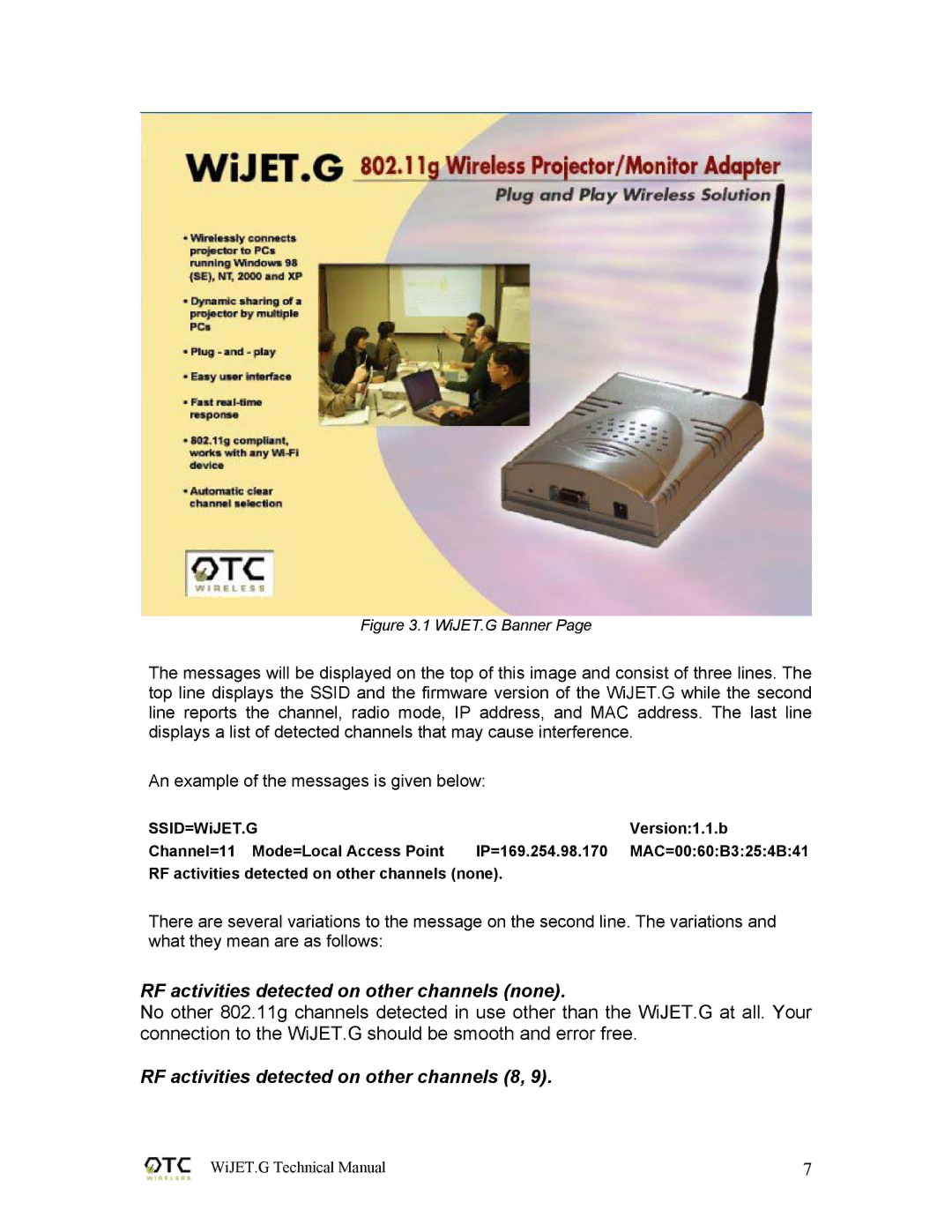 OTC Wireless 802.11G technical manual RF activities detected on other channels none 