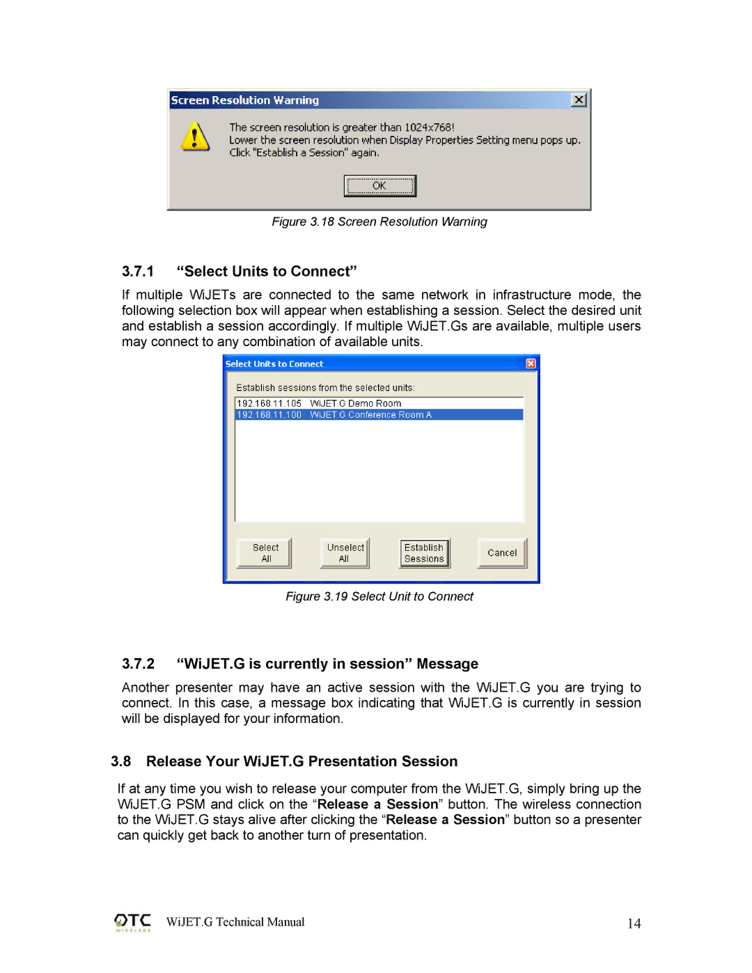 OTC Wireless 802.11G technical manual Select Units to Connect, WiJET.G is currently in session Message 