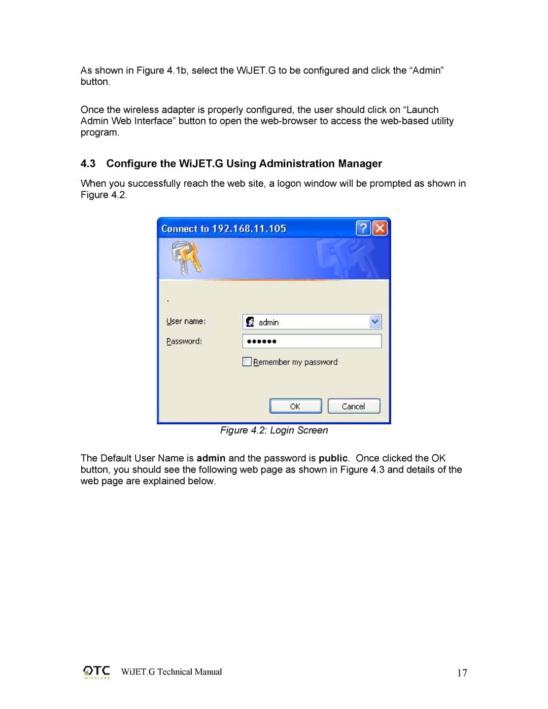 OTC Wireless 802.11G technical manual Configure the WiJET.G Using Administration Manager, Login Screen 