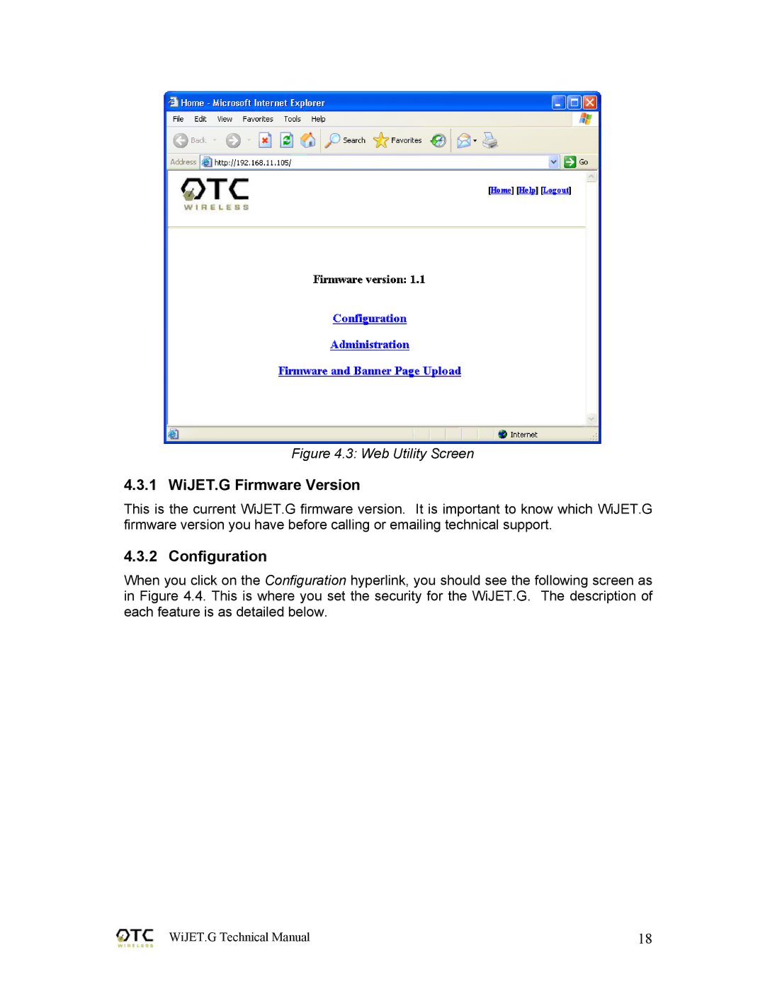 OTC Wireless 802.11G technical manual WiJET.G Firmware Version, Configuration 