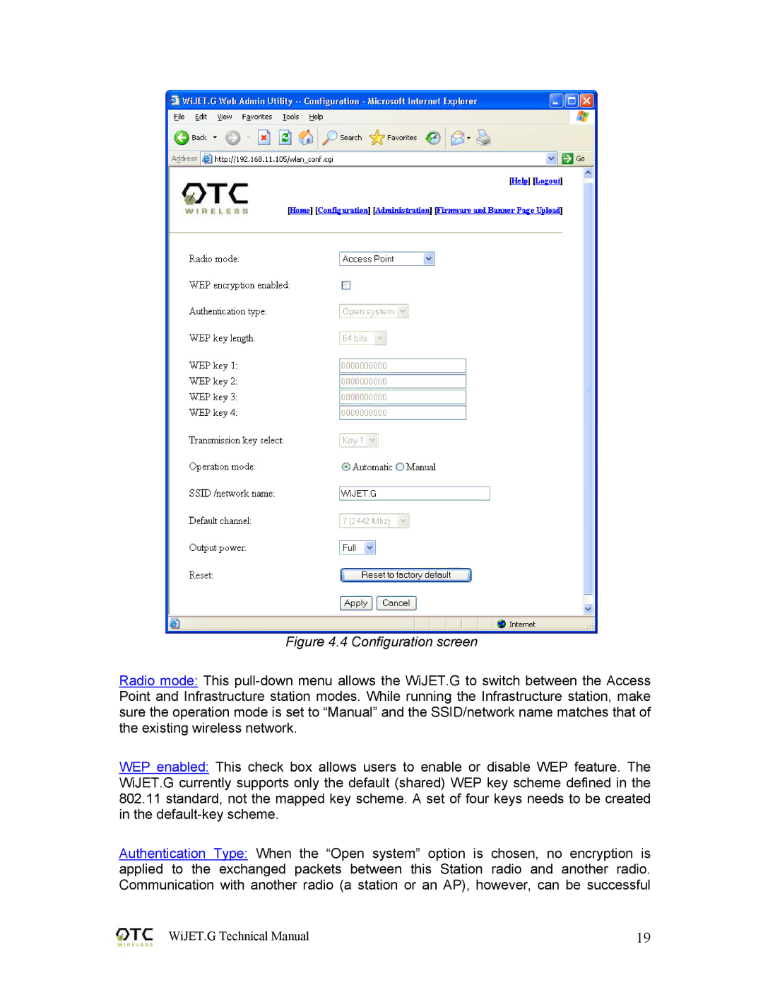 OTC Wireless 802.11G technical manual Configuration screen 