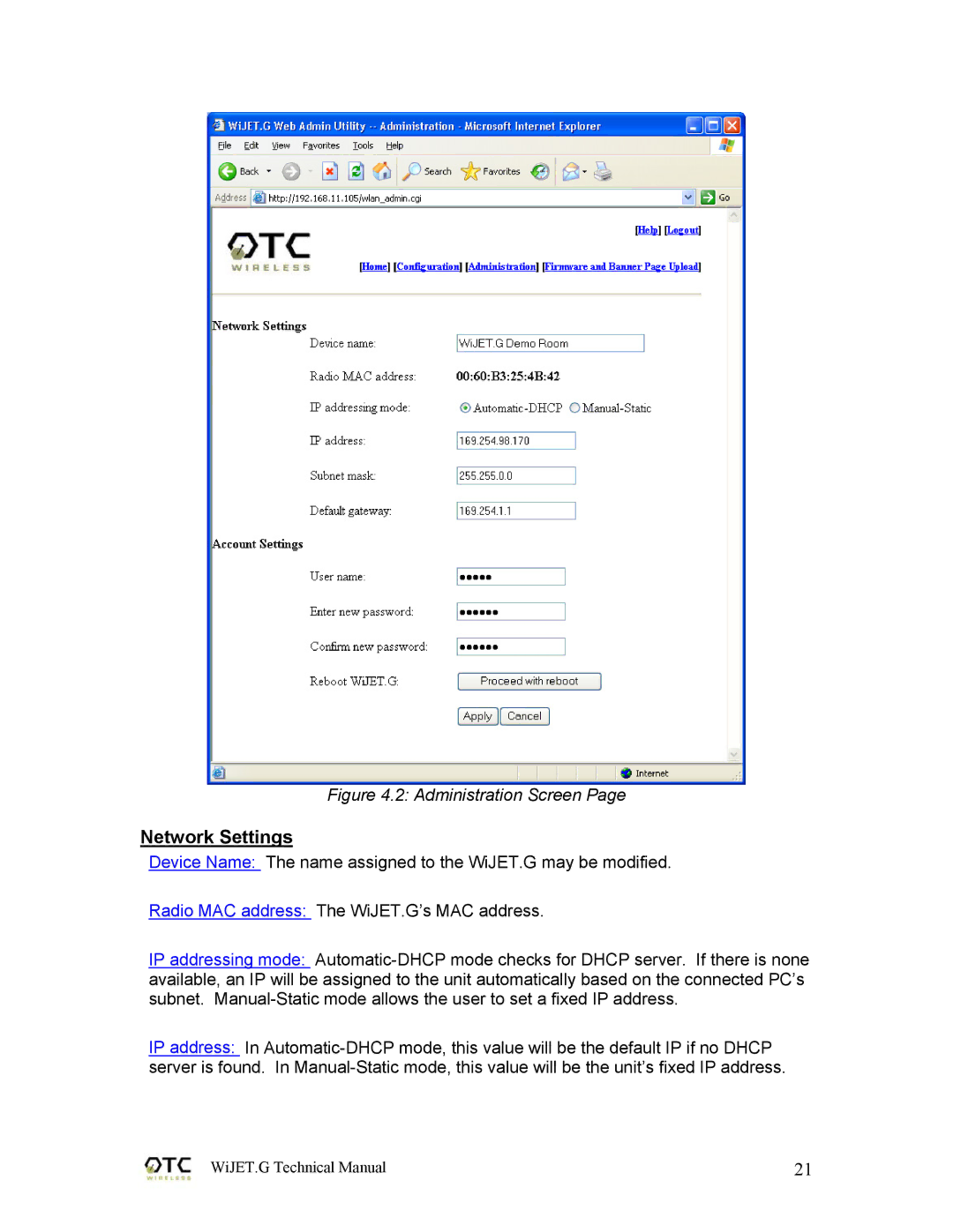 OTC Wireless 802.11G technical manual Network Settings, Administration Screen 