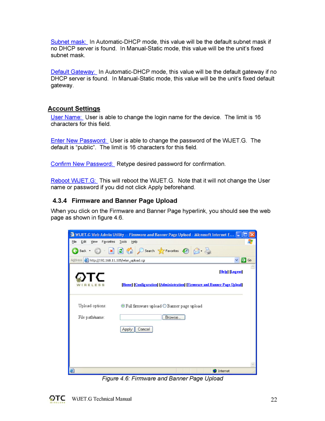 OTC Wireless 802.11G technical manual Account Settings, Firmware and Banner Page Upload 