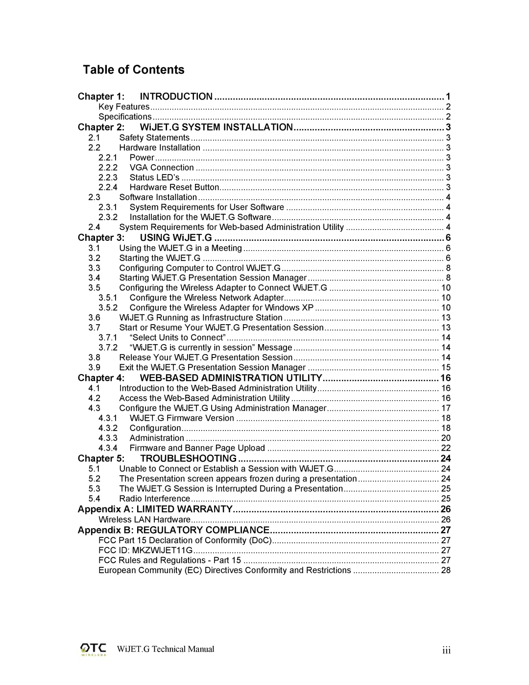 OTC Wireless 802.11G technical manual Table of Contents 