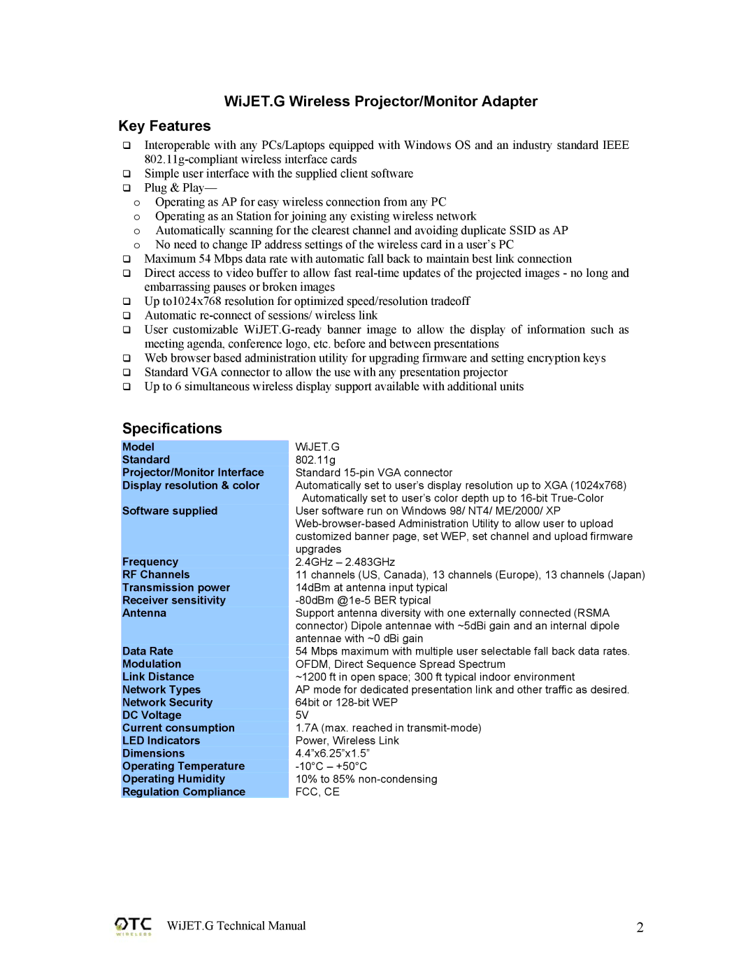 OTC Wireless 802.11G technical manual WiJET.G Wireless Projector/Monitor Adapter Key Features, Specifications 