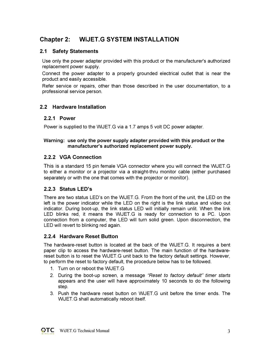 OTC Wireless 802.11G technical manual WiJET.G System Installation 