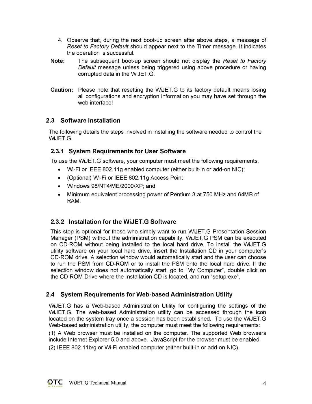 OTC Wireless 802.11G Software Installation, System Requirements for User Software, Installation for the WiJET.G Software 