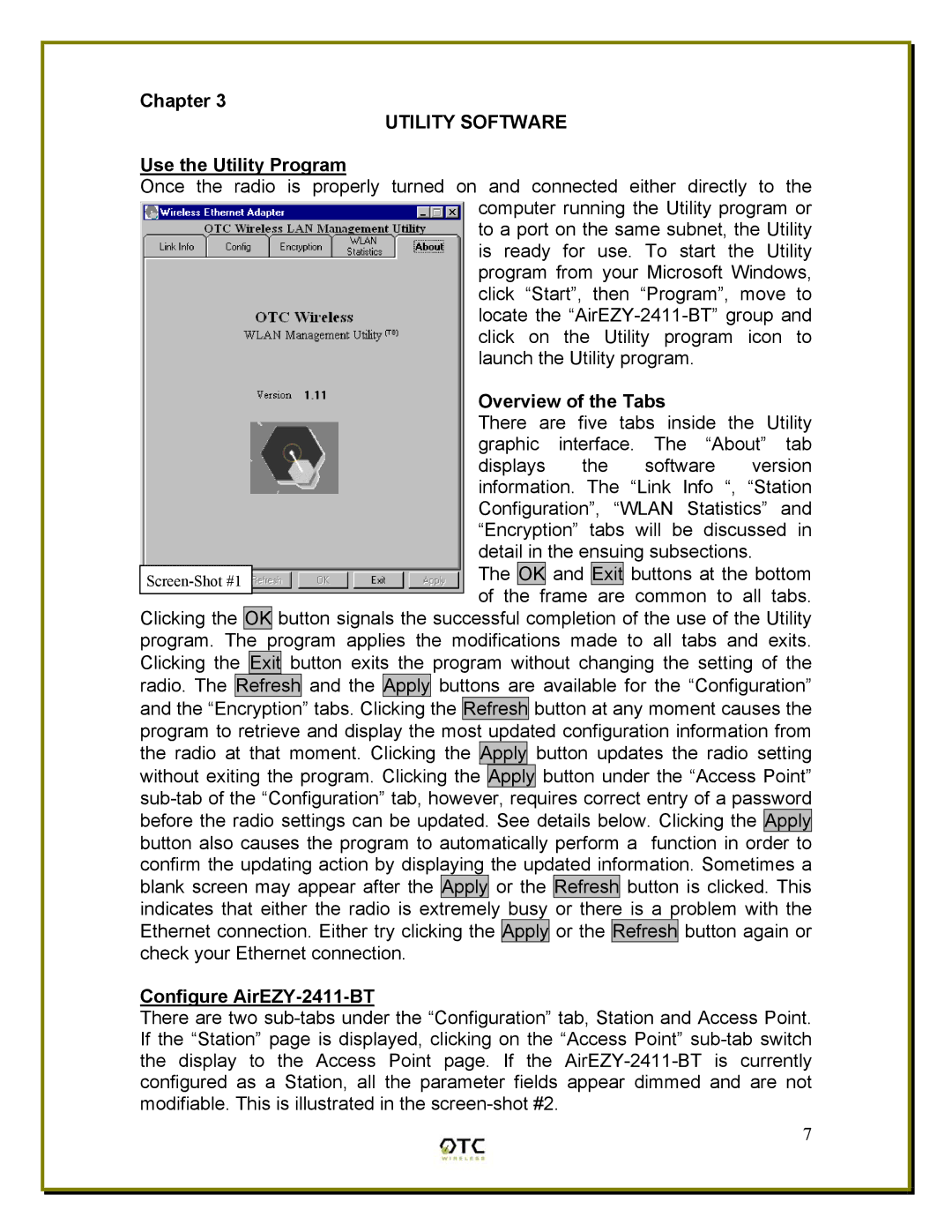 OTC Wireless ACR-201, ASR-102 Utility Software, Use the Utility Program, Overview of the Tabs, Configure AirEZY-2411-BT 