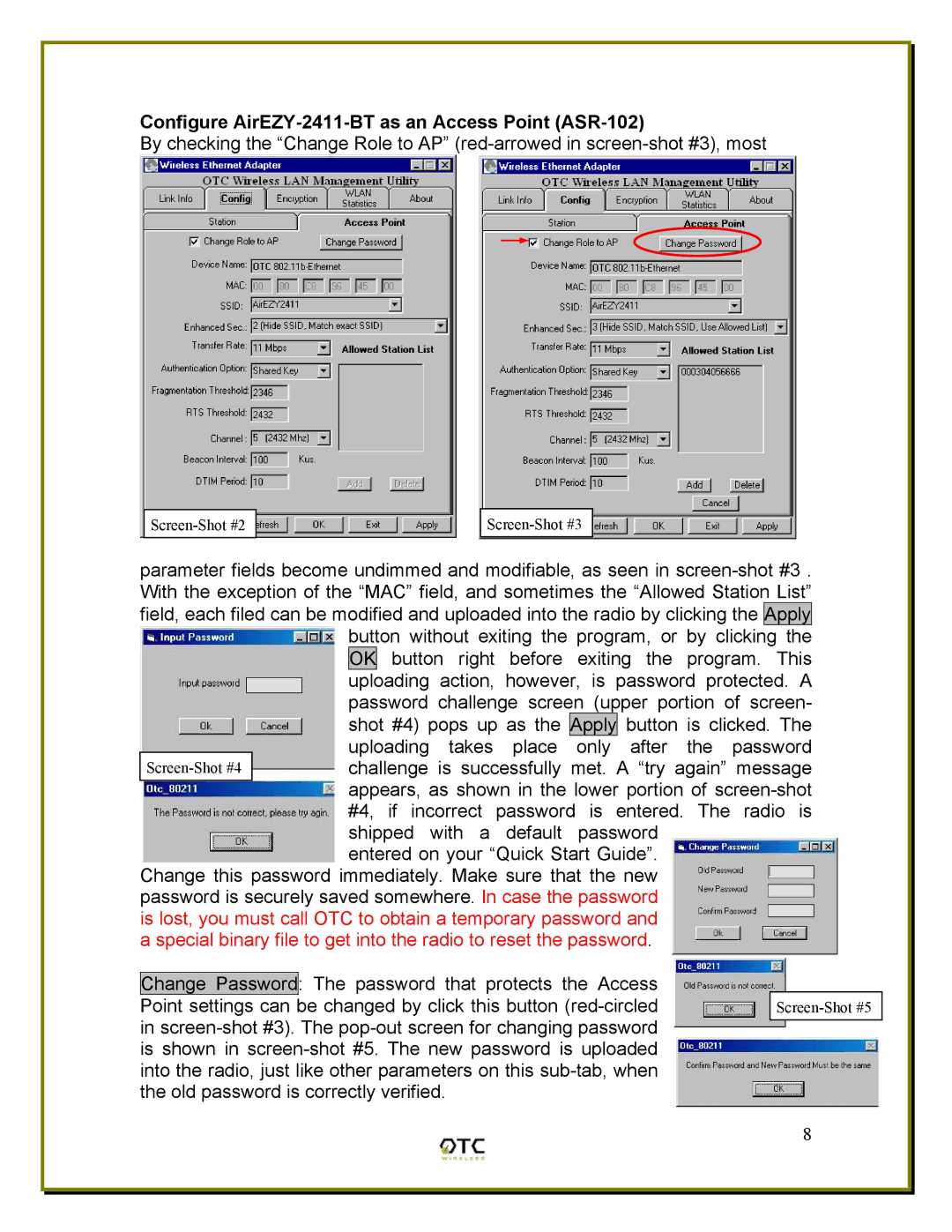 OTC Wireless ACR-201 manual Configure AirEZY-2411-BT as an Access Point ASR-102 