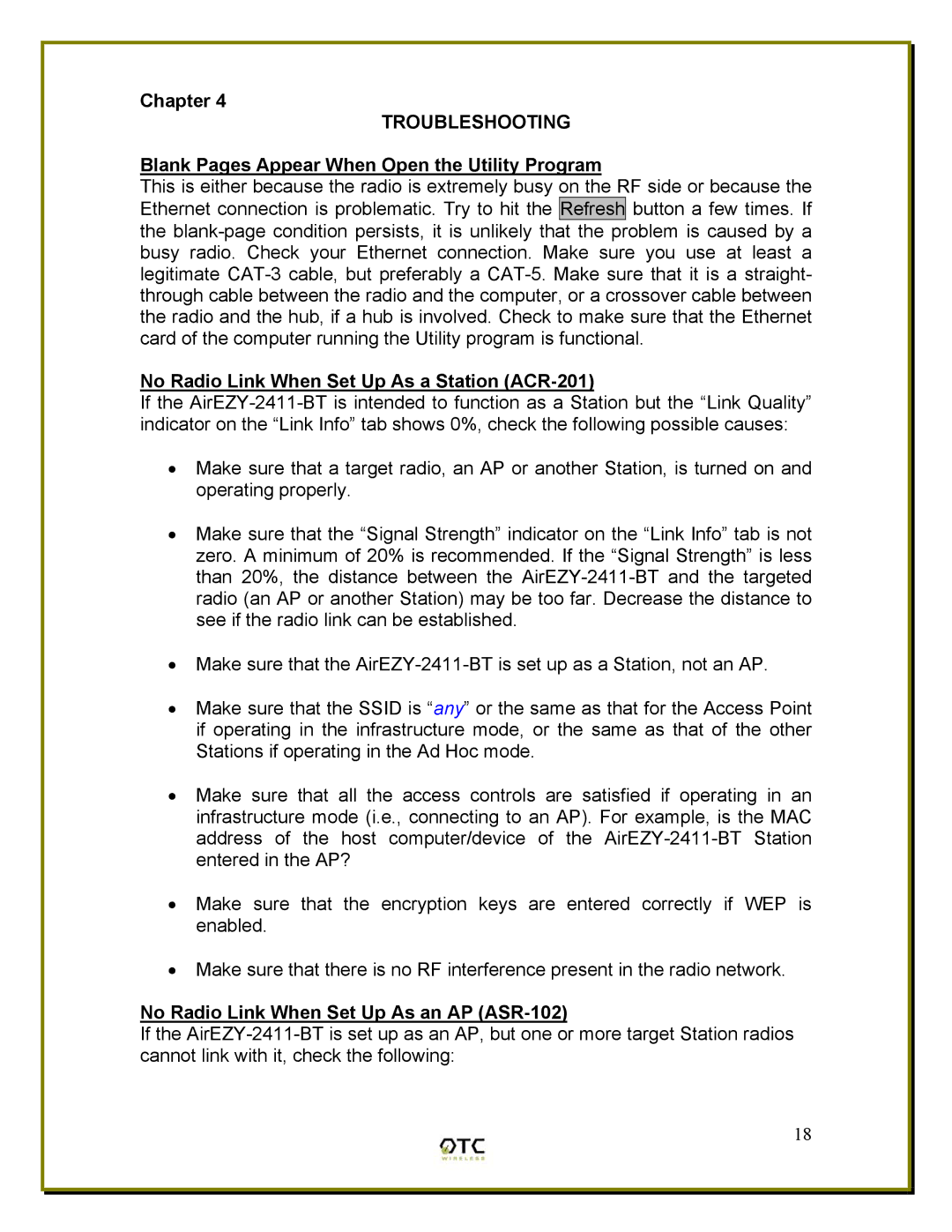 OTC Wireless ASR-102, ACR-201 manual Troubleshooting, Blank Pages Appear When Open the Utility Program 