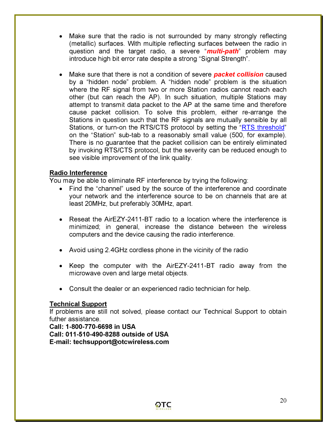 OTC Wireless ASR-102, ACR-201 manual Radio Interference, Technical Support 