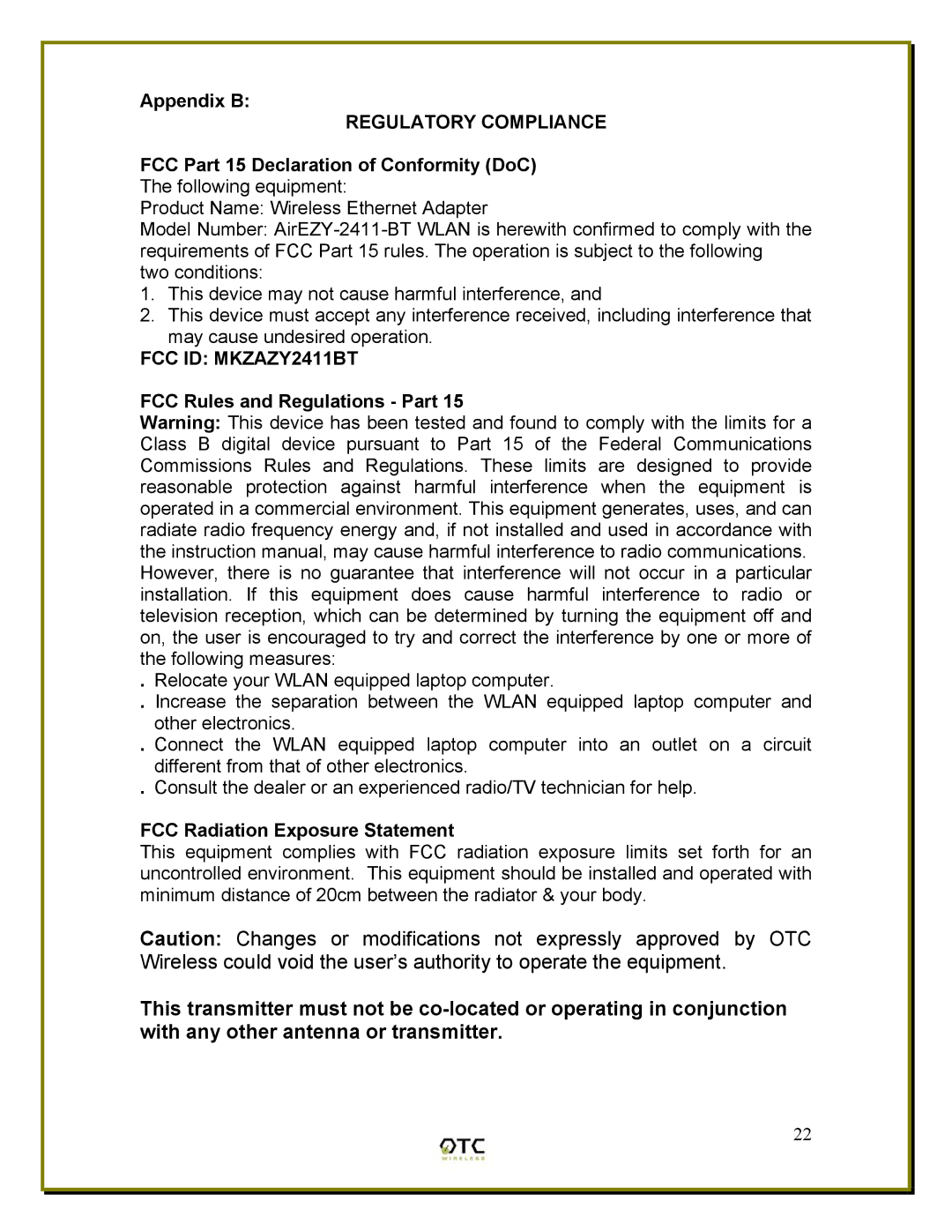 OTC Wireless ASR-102, ACR-201 manual Regulatory Compliance, FCC ID MKZAZY2411BT 