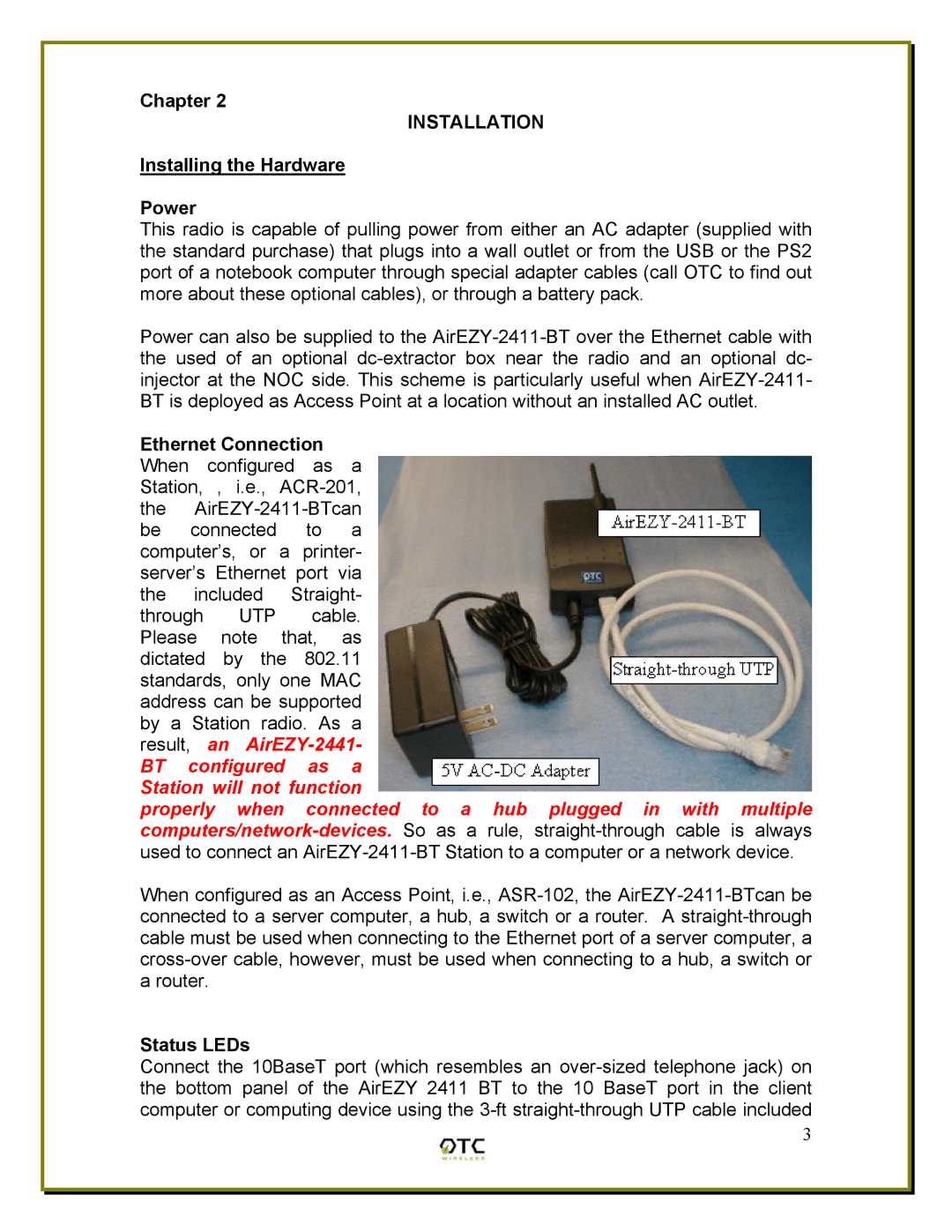 OTC Wireless ACR-201, ASR-102 manual Installation, Installing the Hardware Power, Status LEDs 