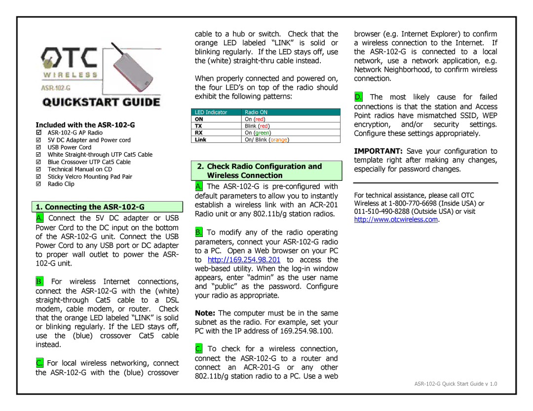 OTC Wireless technical manual Connecting the ASR-102-G, Check Radio Configuration and Wireless Connection 