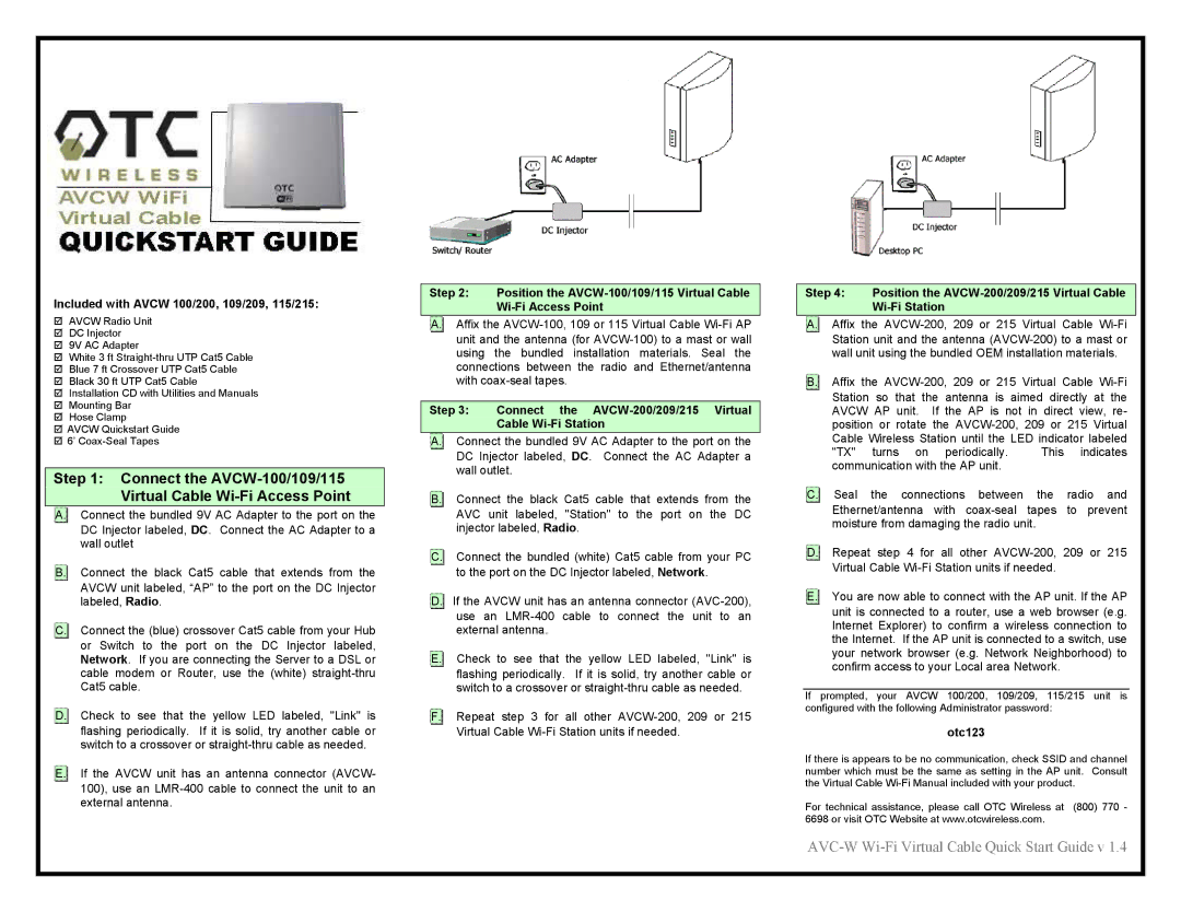 OTC Wireless AVCW 115/215, AVCW 100/200, AVCW 109/209 quick start Included with Avcw 100/200, 109/209, 115/215, Otc123 