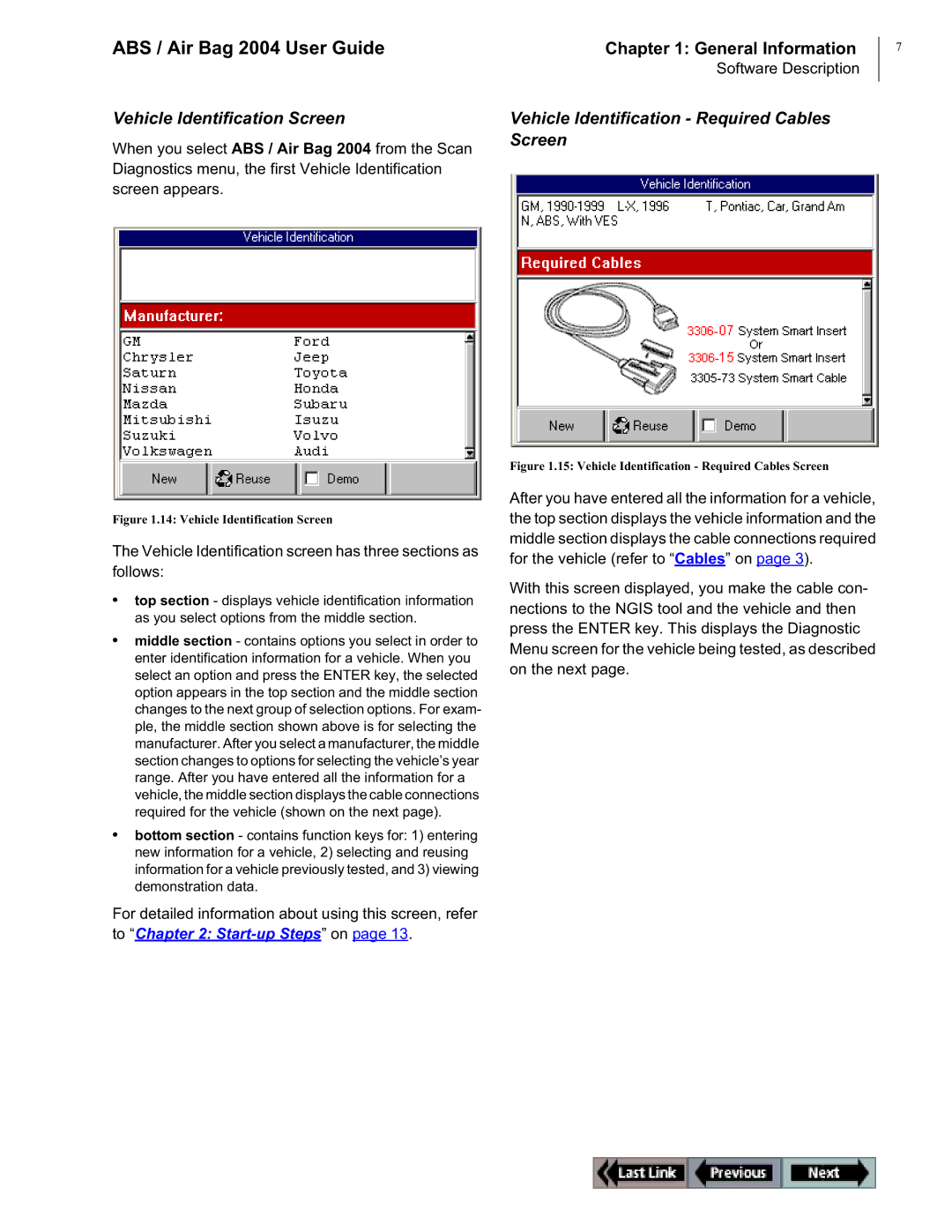 OTC Wireless switch/hub manual Vehicle Identification Screen, Vehicle Identification Required Cables Screen 