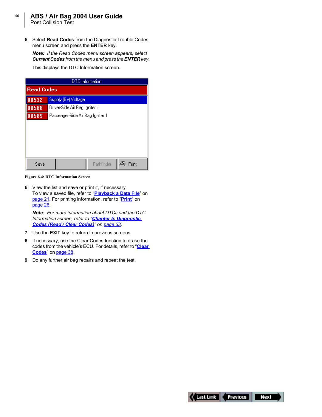 OTC Wireless switch/hub manual Post Collision Test, DTC Information Screen 