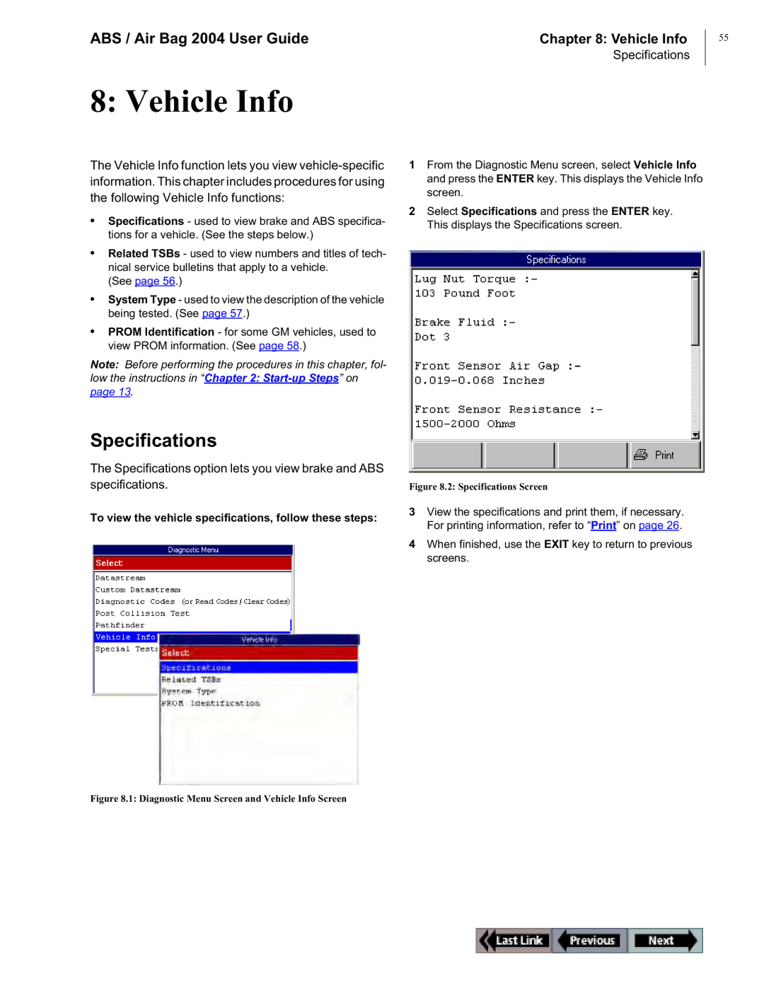 OTC Wireless switch/hub manual Vehicle Info, Specifications Screen 