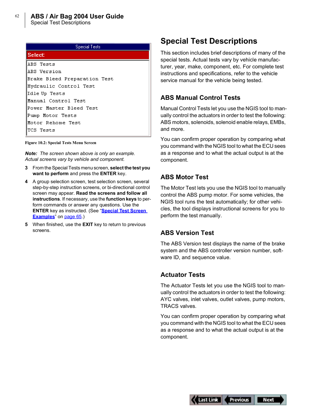 OTC Wireless switch/hub manual Special Test Descriptions, ABS Manual Control Tests, ABS Motor Test, ABS Version Test 