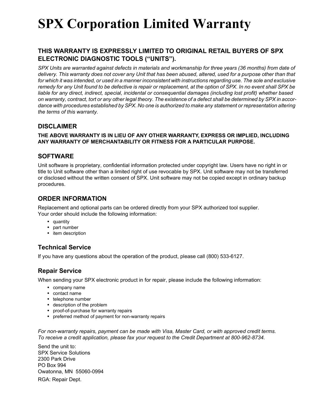 OTC Wireless switch/hub manual SPX Corporation Limited Warranty, Technical Service, Repair Service 