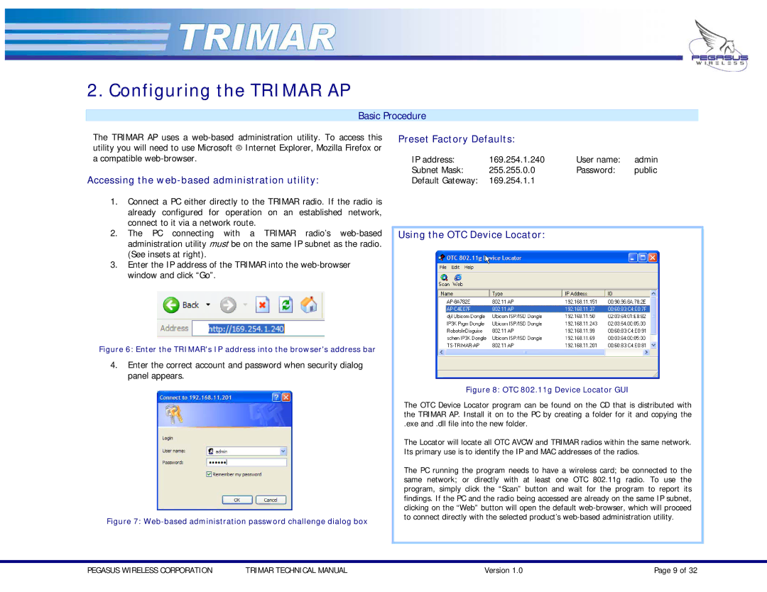 OTC Wireless TRIMAR Configuring the Trimar AP, Basic Procedure, Accessing the web-based administration utility 