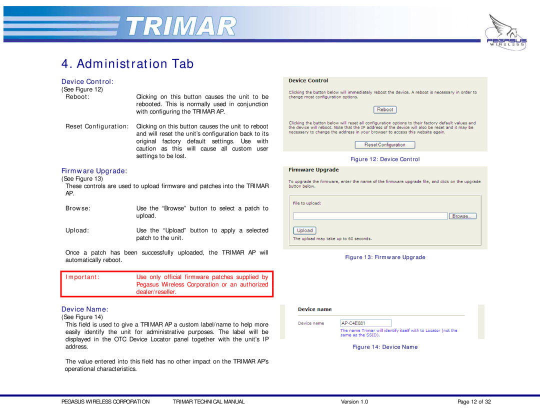 OTC Wireless TRIMAR technical manual Administration Tab, Device Control, Firmware Upgrade, Device Name 