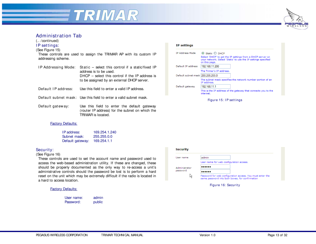 OTC Wireless TRIMAR technical manual Administration Tab, IP settings, Security 